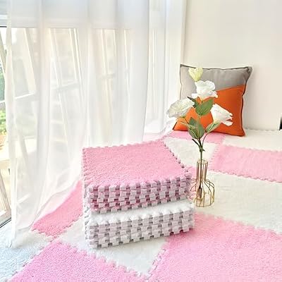 HoKiis 16 Pieces Carpet Tiles,Jigsaw Puzzle Play Mat,Plush Floor Tiles Rugs,Interlocking Foam Mats,Soft Plush Yoga Mat,11.8x11.8 Inch(Size:0.39 Inch,Color:Pink+White)