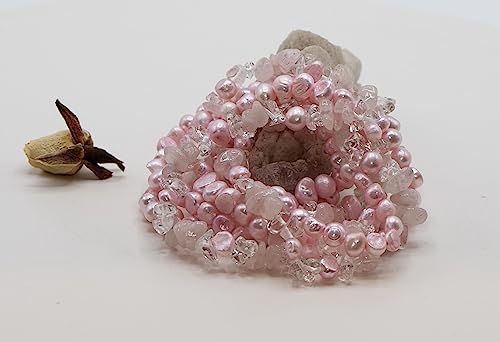 Ltc Designs Set Of 7 Dyed Pink Cultured Freshwater Baroque (5.5-6Mm) Pearl And Rose/Crystal Quartz Stretch Bracelets, 7.5" For Women And Girls #TOP3