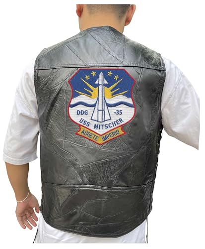 247EMBROIDERY uss mitscher ddg 35 guided missile destroyer embroidered vest patch, patches, leather vest jacket