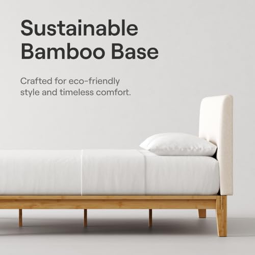 Image of Nectar Bamboo Platform Bed Frame & Upholstered Headboard - King - Natural /Linen - Floating Center Support Legs - 12 inch Height - Easy Tool Free Set Up - Sturdy Wooden Slats - Holds Up To 500 lbs