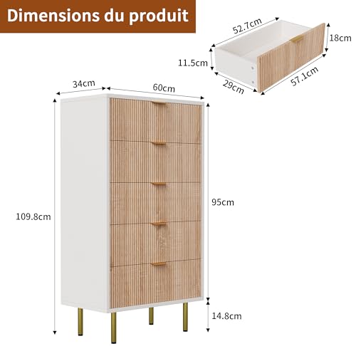 TIMORWTF - Cajonera con 5 cajones, color blanco, 60 cm, armario de almacenamiento moderno, cómoda para dormitorio con asas y patas doradas, 60 x 34 x 109 cm, para dormitorio, pasillo, salón u oficina - imagen 3