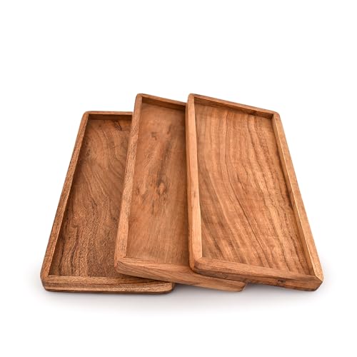 Mahasu Platter Acacia Wood Serving Platter with Raised Edge -Set of 3 for Home Decor, Food, Vegetables, Fruit, Charcuterie (Set of 3) (14 X 6 X 0.75)