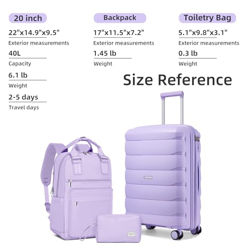 Image of Carry On Luggage 22x14x9 Airline Approved, 22 Inch PP Hardshell Luggage Carry-on Suitcase with Spinner Wheels, Carry On Suitcase Set for Women (Lavender)