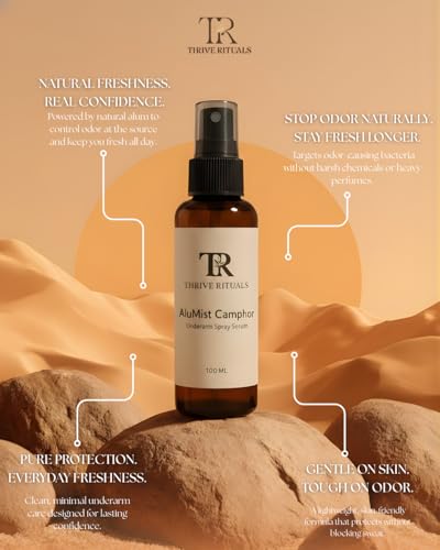 Image of Thrive Rituals AluMist Camphor Underarm Spray | Natural Alum Deodorant Spray | Long-Lasting Odor Protection | Helps Reduce Sweat & Underarm Darkening | Alcohol-Free Daily Use Deodorant | for men, women and Teen, 100 ML