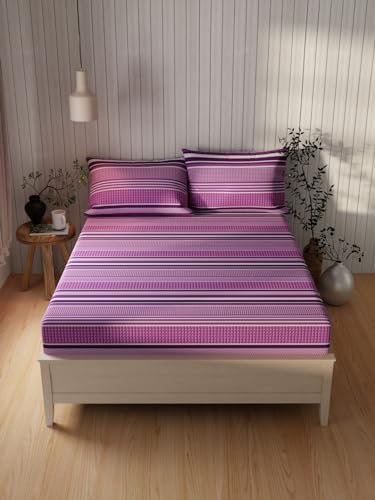 Image of KOPA Extra Smooth Cotton Double Bedsheet with 2 Pillow Covers -3pc Set (Lopez) | Extra Smooth Cotton | 1 Double Bedsheet with 2 King Size Pillow Covers Stripe-Pink /Purple