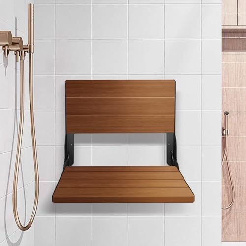 Folding Shower Seat 20\'\', Large Teak Shower Seat, Folding Shower Bench, Wall Mount Foldable Chair, 500 lbs Capacity, Stainless Steel, Black