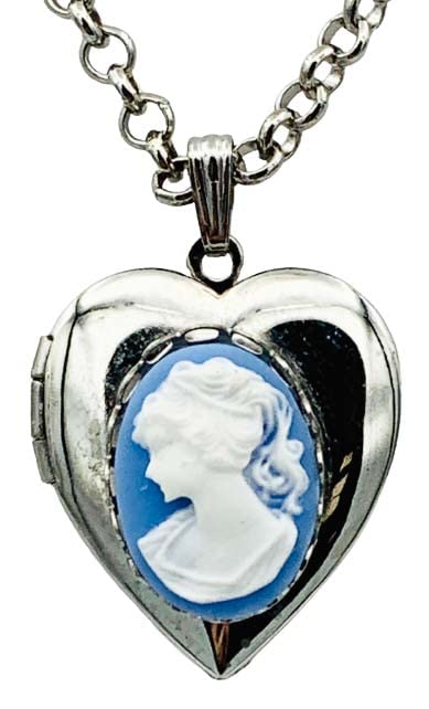Heart-shaped Lady Cameo Locket Necklace Silvertone