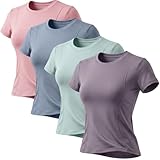 FADFUSIN Playeras Deportivas para Mujer, Paquete de 4 Ropa Deportiva Mujer, Camisetas de Entrenamiento Atléticas de Ajuste...