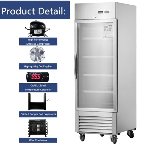 Image of 27 inch Commercial Refrigerators with Glass Door, 18.68 Cu.ft. Reach-in Commercial Fridge, Commercial Fridge refrigerator with Fan Cooling, Digital Temperature Display, ETL Certified for Restaurant, Bar