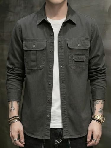 Image of SMOWKLY Men's Casual Shirt Jacket for Men | Lightweight 100% Cotton Overshirt | Full Sleeve Utility Shacket with Pockets | Stylish for Everyday Wear | Full Sleeve Button Down Shirt