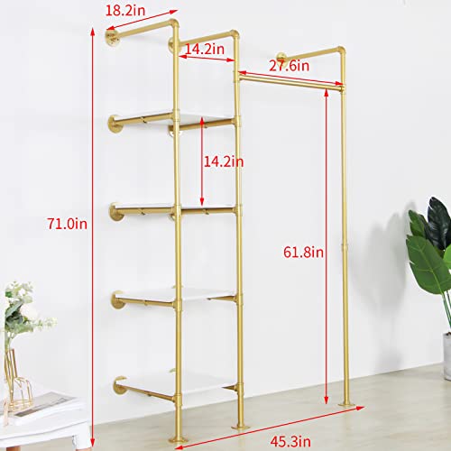 Edcb Garment Rack Heavy Duty Clothes Rack For Hanging Clothes, Metal Freestanding Closet Wardrobe Rack, Gold Industrial Pipe Clothing Rack With Shelves Closet Rods System #TOP3