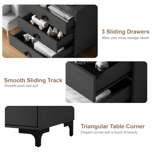 Image of Rreyet 29 inch Nightstand Set of 2, 3 Drawers, Black | Charging Station, Button Handle, Smooth Sliding, Enhanced Storage, For Bedroom, Sofa Side