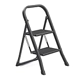 SONGMICS Escalera de Tijera, Escalera con 2 Peldaños, Peldaño Plegable, Bloqueo de Seguridad, Fácil de Guardar, Carga hasta 150 kg, Negro GSL012BZ01