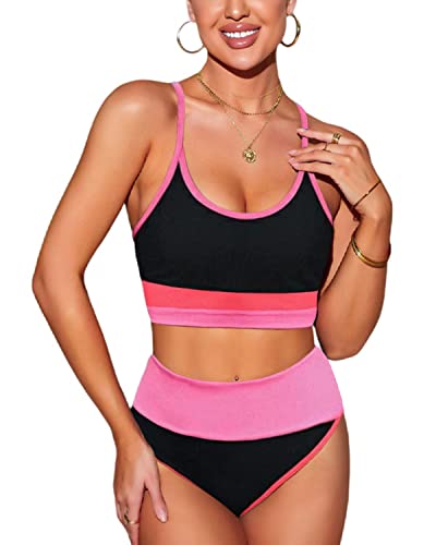 JFAN Traje De Baño para Mujer Bikinis Mujer de Canalé Color Block Push Up Bañador de Cintura Alta con Control de Abdomen Dos Piezas Negro M