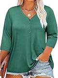 Tankaneo Women Plus Size Tops V Neck 3/4 Sleeve Casual T Shirts Loose Basic Tunic Tees Green