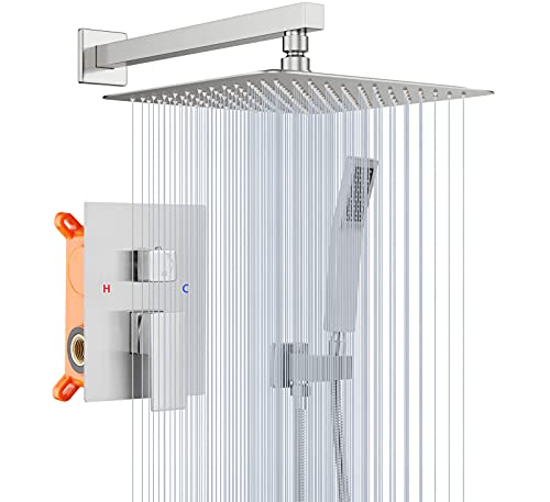 Shower Faucet Brushed Nickel GGStudy Shower Trim Kit with Rough-in Valve Shower Set Bath Rainfall Shower Faucet System 12 inch Square Stainless Steel Metal Shower Heads with Handheld Spray
