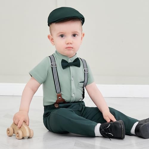Baby Boy Clothes Suits 3-24M Infant Gentleman Outfits, Short Sleeve Shirt+Bowtie+Beret+Suspender Pants Clothing Set2