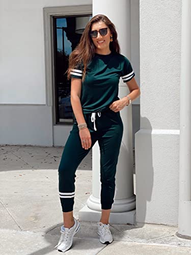 Image of PRETTYGARDEN Women's Two Piece Outfits Striped Short Sleeve Pullover and Long Pants Tracksuit Pajama Lounge Jogger Sets