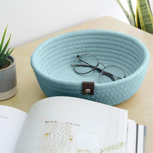 Image of Handmade Jute Cotton Storage Baskets Set of 3 for Dining Table, Fruit Basket & Roti Bowl, Cane Style Organizer for Kitchen, Home Decor, Washable Multipurpose (Aqua)