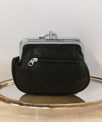 Women's Leather Metal Frame Double Clasp Zipper Coin Purse 5 1/4" x 3 1/4" (Black)3