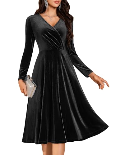 BeryLove Velvet Dress Cocktail Party Formal Gowns Evening Midi Dresses Long Sleeve Winter A Line Wedding Guest Ruched Dress SR0011 Black M