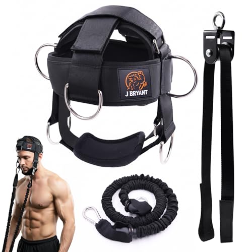 J Bryant Neck Harness with Resistance Band 360 Neck Strength Trainer for Gym & Home Workouts Adjustable Head Harness with Chin Strap (Pulley System)