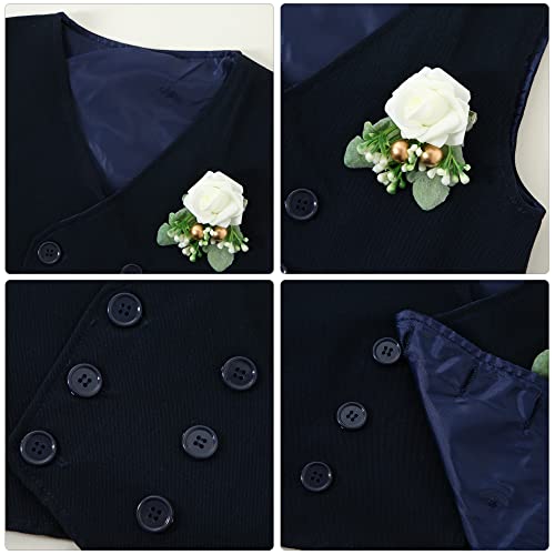 Image of YALLET Toddler Baby Boy Clothes Suit Gentleman Wedding Outfits, Formal Dress Shirt+Bowtie+Vest+Boutonniere+Suspender Pants