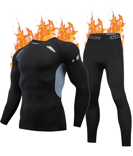 FORVEVO Ropa Interior Térmica Hombre, Ropa Termica Hombre, Camiseta Termica con Forro Polar, Camisetas Termicas Interior, Mallas Termicas, Termicas Hombre Manga Larga, para Running Esquí(L,Negros)