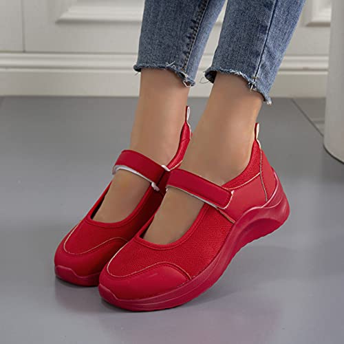 Women's Casual Platform Mesh Mules Sneaker Nurse Shoes Mary Jane Shoes Comfortable Summer Breathable Non-Slip Walking Sandals,Red,US9/EU404