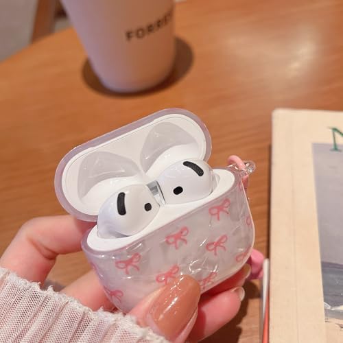 Image of MINSCOSE for Cute Glitter AirPods 4 Case,Shell Pattern Bow Ribbon Trendy Design with Bowknot Pearl Keychain,Protective Shockproof Cover for Apple Airpods iPod 4th Generation for Women Girl-Pink