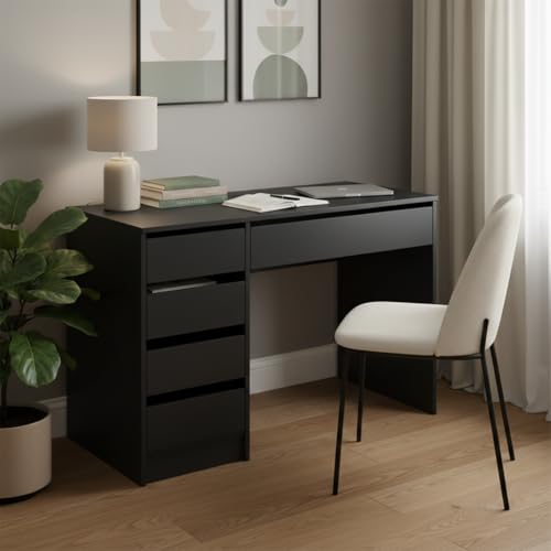 Bellamio Nore Schreibtisch in Schwarz mit 5 Schubladen - Jugendschreibtisch 75x53x110 cm - Schminktisch & Schreibtisch Kombi - Computertisch mit Schubladen beidseitig montierbar – Bürotisch