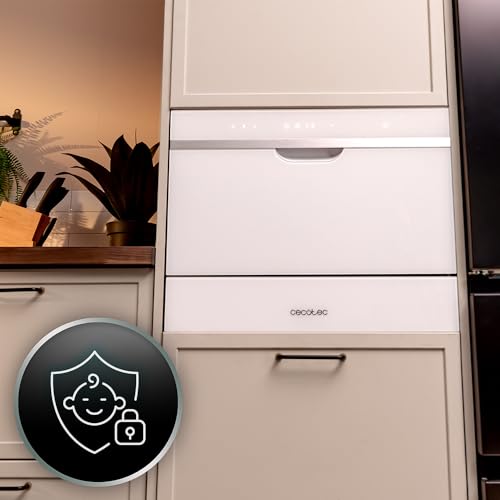 Cecotec Kompakte Teilintegrierbare Spülmaschine 6 Gedecke Bolero Aguazero 2500 S-BI Weißglas. 1380W, Weiße Glasoberfläche, Niedriger Verbrauch, 5 Programme, Touchpanel, Startzeitvorwahl