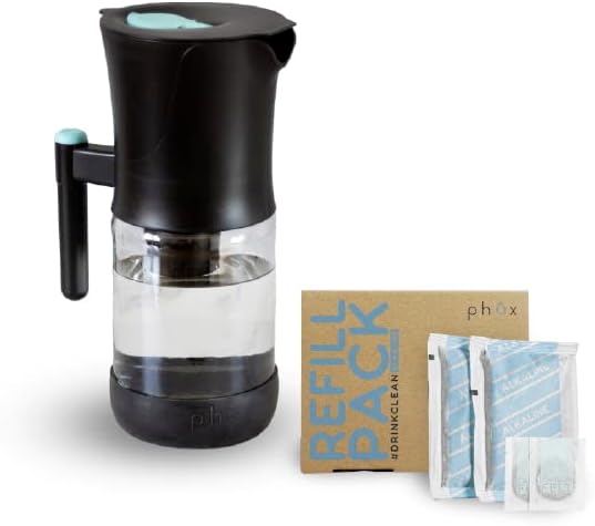 Phox V2 Water Filter | 9-Cup Glass Water Filter Pitcher and Refillable Eco Cartridge Cartridge | 60-Day Supply (Alkaline Pack)