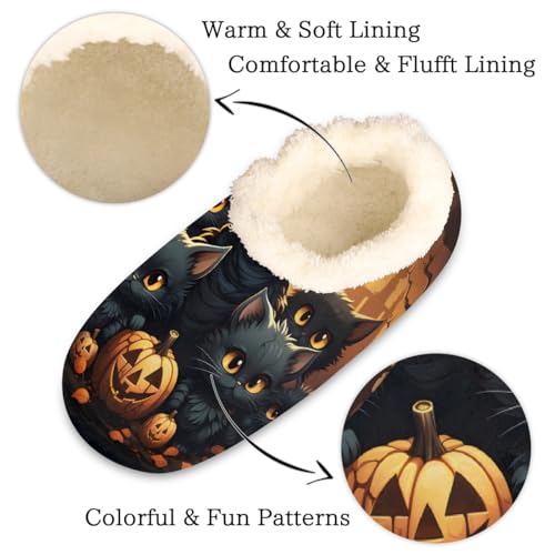House Slippers for Women Men Black Cats Halloween Pumpkins Indoor Slippers Non-Slip Fuzzy Feet Slipper Winter Warm House Shoes, Women 5-6/Men 3-42
