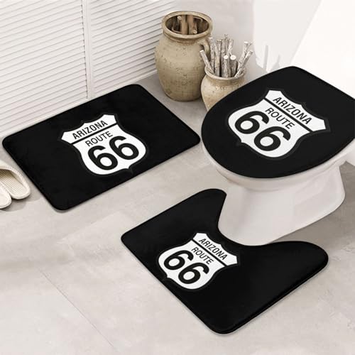 ルート66 レトロ アメリカ 米国 バスマット トイレマット 3点 セット 足ふきマット U型足元マット 便座カバー トイレセット お風呂マット 玄関マット 浴室マット 吸水マット U型 O型 室内 洗面所 耐磨耗性 滑り止め おしゃれ 吸水性優れ 柔らか