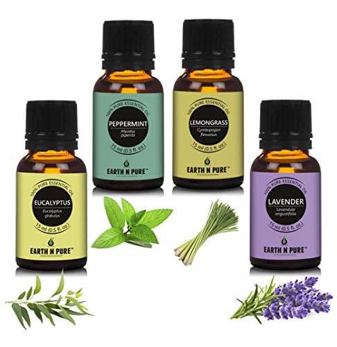 Image of Earth N Pure Pack of 4 Essential Oils - Lavender, Lemongrass, Peppermint & Eucalyptus (15ml)