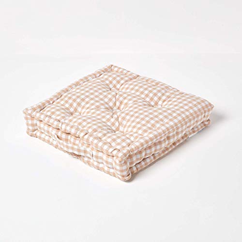 HOMESCAPES Beige & White GINGHAM Check Floor Cushion - 100% Cotton - 50 x 50 x 10 cm Square - Indoor - Garden - Dining chair booster Seat Cushion Pad