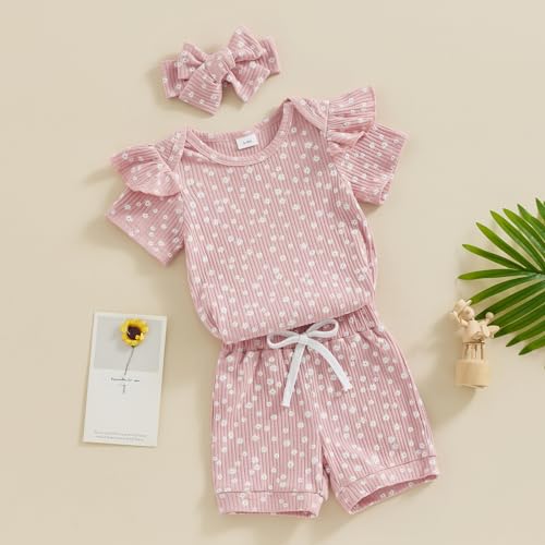 Newborn Baby Girl Clothes Summer Knit Ribbed Floral Print Short Sleeve Romper Shorts Headband Outfit Set2