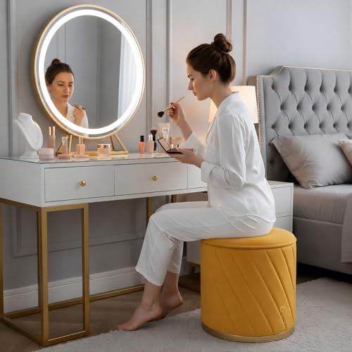 Image of Luxury Round Velvet Ottoman Stool with Gold Base - Modern Upholstered Footrest Pouffe, Tufted Vanity Seat, Living Room Bedroom Dressing Stool (Yellow)