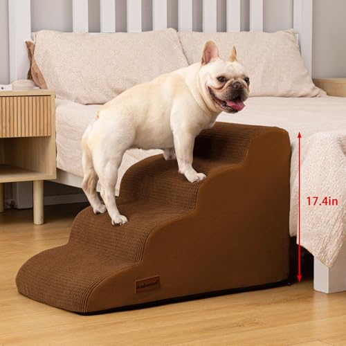 Image of Aodisman Dog Steps for Bed or Couch,4-Step Pet Stairs Ramp for Small Dogs | 17.4 inch H Indoor Non-Slip Dog Stairs Help Senior Dogs,Short-Legged Breeds,Puppies and Cats to Reach Beds and Chairs,Grey,Brown