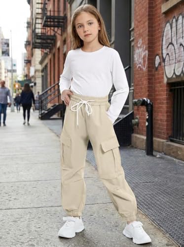 Image of JiAmy Girls Cargo Pants Elastic High Waist Drawstring Pants Jogger Trousers Casual Loose with Pockets 6-14Y