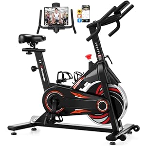 Exercise Bike, Spin Bike with App for Home Use, Indoor Cycling Bike with Curved Handlebar, Stationary Bike with LCD Display & Bluetooth Connection, Comfortable Seat, 350LBS Capacity