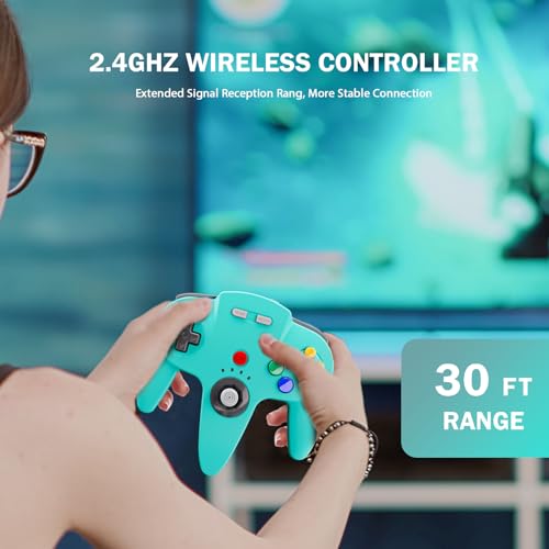 Image of 2 Pack N64 Wireless Controller for Switch Online Games, 2.4GHZ Rechargeable Wireless N64 Remote Joystick Game Controller for N64 System Console, MAC, Raspberry Pi, Windows PC(7,8,10,11) Turquoise