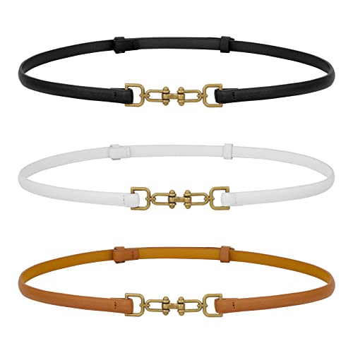 3 Pack Leather Skinny Women Belt Adjustable Thin Waist Belts with Alloy Buckle for Dresses Black/Brown/White