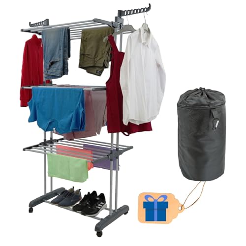 LIVOOL®️ Tendedero Vertical Plegable + Bolsa para Pinzas | Tendedero Vertical 4 Niveles con Ruedas para Interior o Exterior (Gris y Gris Metalizado)