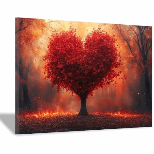 Toile murale arbre cœur rouge d'automne pour créer un salon romantique