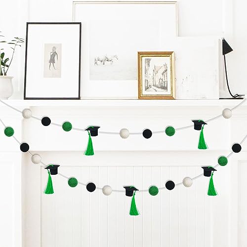 Graduation Cap Felt Ball Garland, Graduation Hat Party Decor Banner for 2024 High School College Grad Party Banner Felt Ball Garland (Black Green White with Green Tassels)