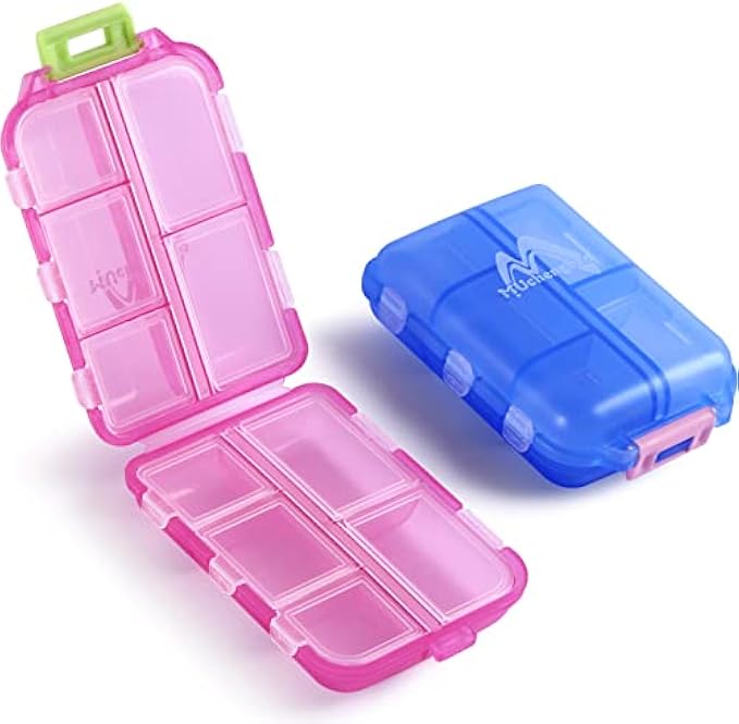 2 Pack Couple Travel Pill Case for Purse, 10 Compartments, Portable Small 7-Day Weekly Travel Pill Organizer Portable Pocket Pill Box Dispenser Pill Holders for Traveling (Blue + Light Red)