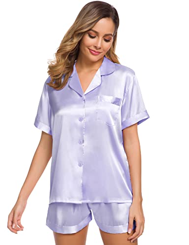 Image of SWOMOG Womens Silk Satin Pajamas Set Short Sleeve Sleepwear Button Down Top and Shorts Loungewear 2 Piece Pjs Set XS-3XL Lavender Solid Small