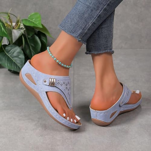 Orthopedic Sandals for Women, Women Summer Dressy Comfortable Sandals Arch Support Wedge Sandals Non Slip Flip Flops Sandals(Blue-1,6)4